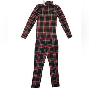 J. Crew & Zara Basics Red and Black Tartan Plaid Turtleneck Matching Ankle Pants